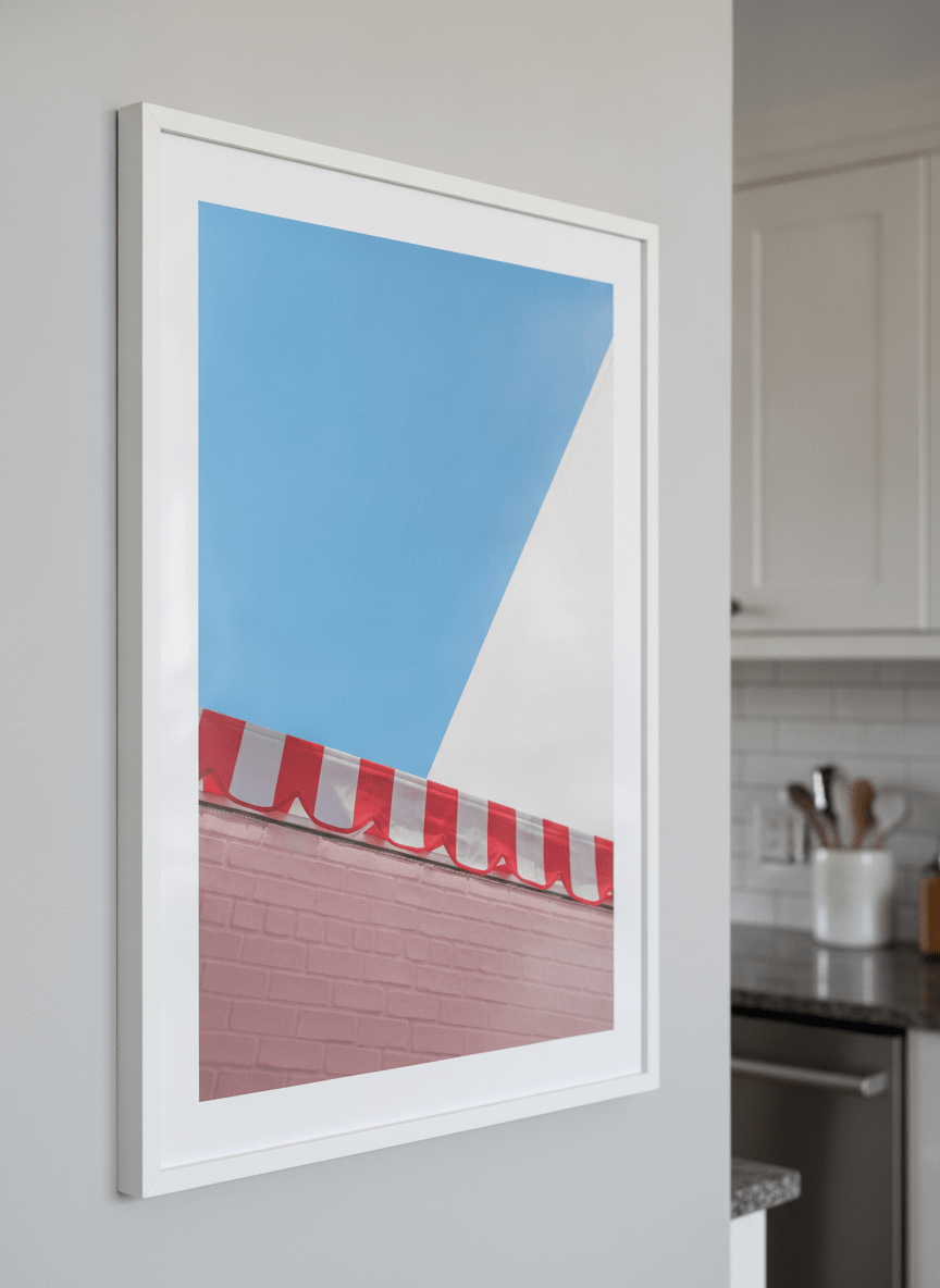 Artwork styled on the wall of a bright modern kitchen