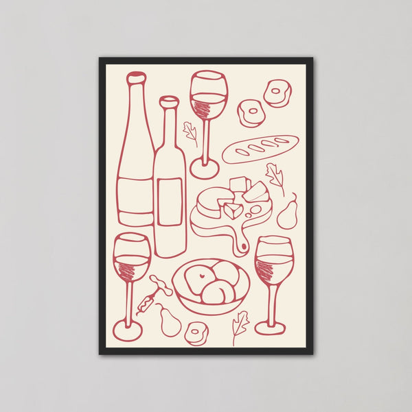 Red Wine and Cheese Kitchen Decor Wall Art