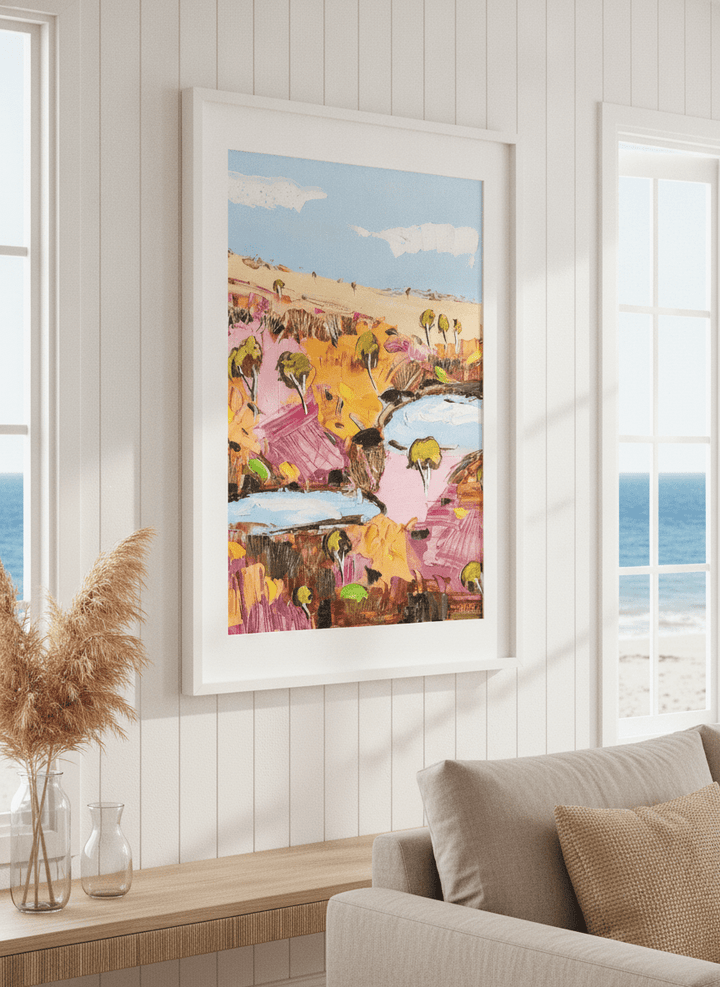Neutral wall art displayed in a sunny coastal beach house