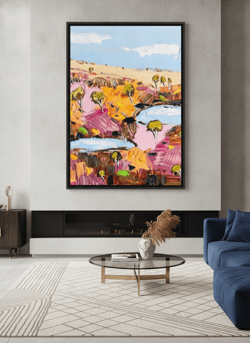 Monumental artwork centred on a feature wall in a luxe interior