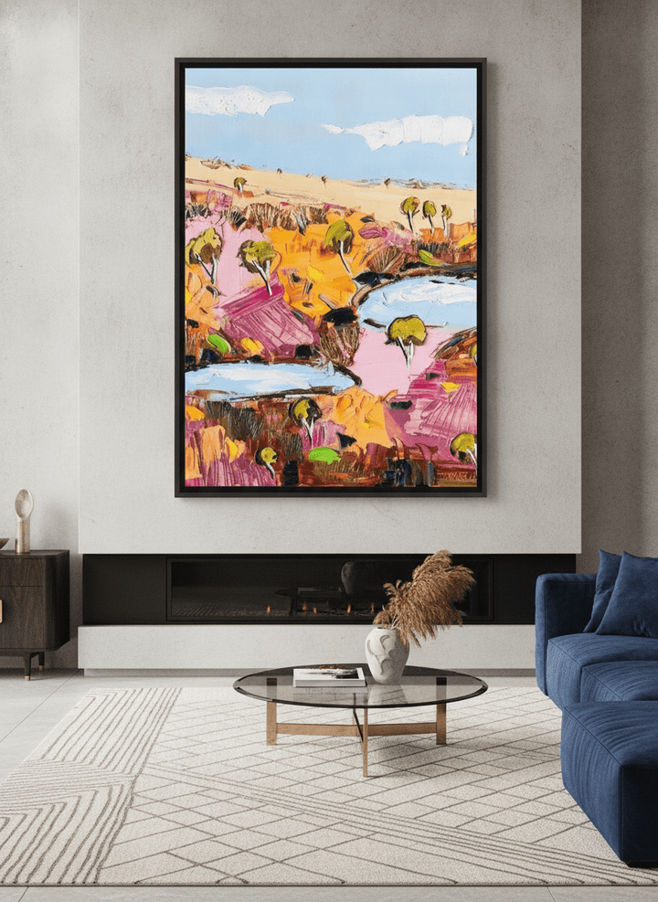 Monumental artwork centred on a feature wall in a luxe interior