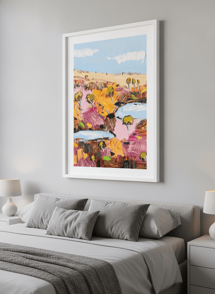 Minimalist artwork displayed in a calm, light-filled bedroom interior