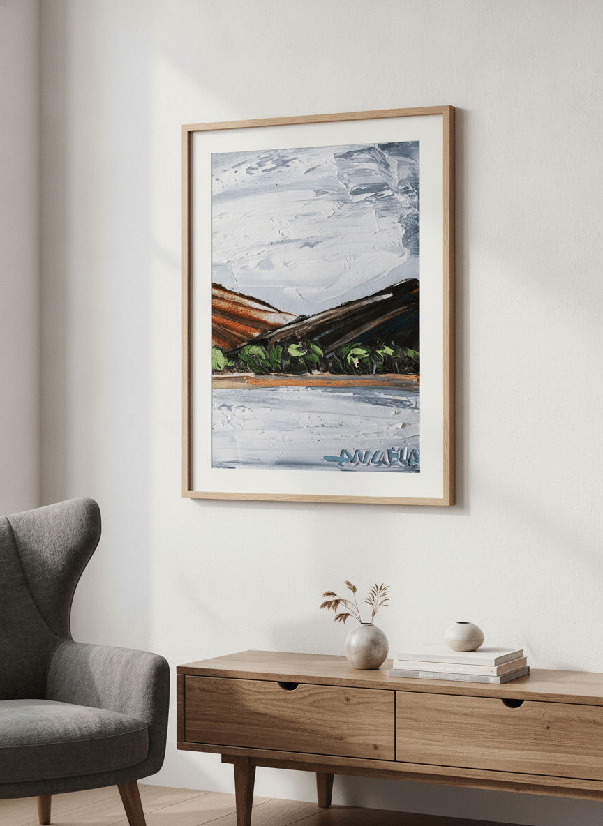 Modern wall art styled above a sofa in a neutral living room