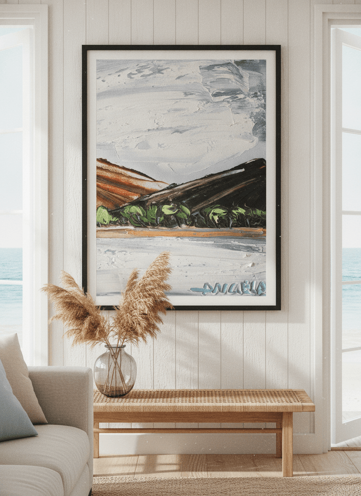 Neutral wall art displayed in a sunny coastal beach house