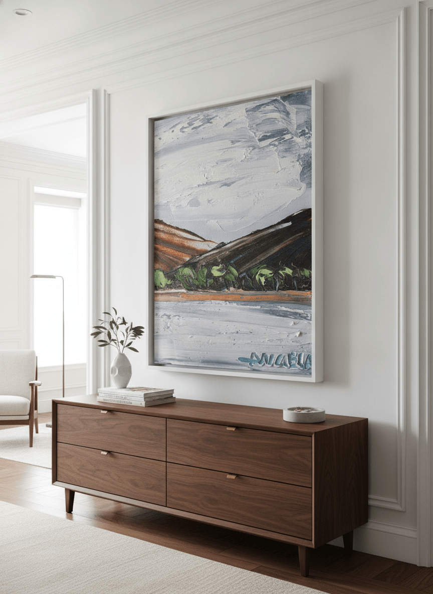 Monumental artwork centred on a feature wall in a luxe interior