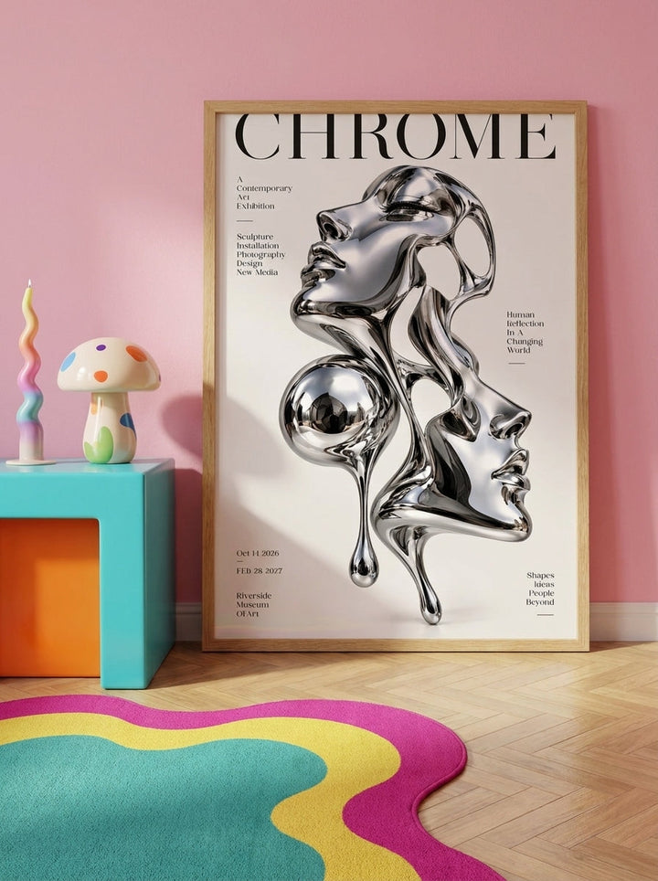 Modern wall art print standing on a side table in a colourful eclectic dining room