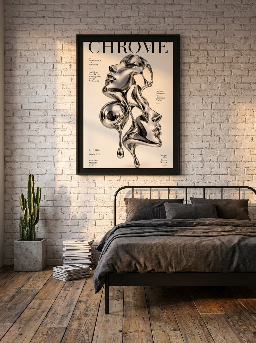 Modern wall art print styled on the wall in an industrial loft bedroom