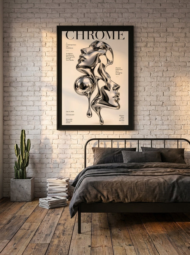 Modern wall art print styled on the wall in an industrial loft bedroom
