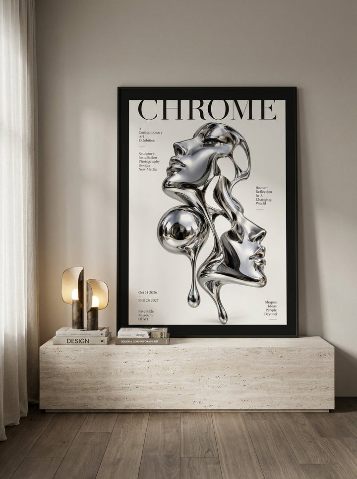 Modern wall art print standing on a console in a luxe home office