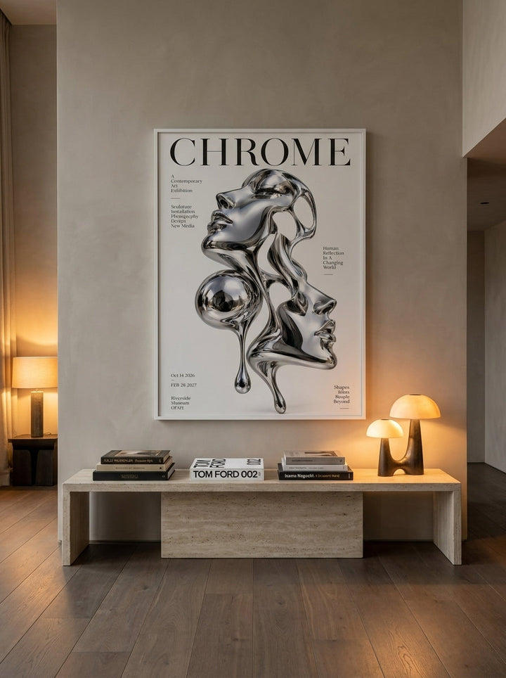 Oversized statement modern wall art print styled on the wall in a luxe living room