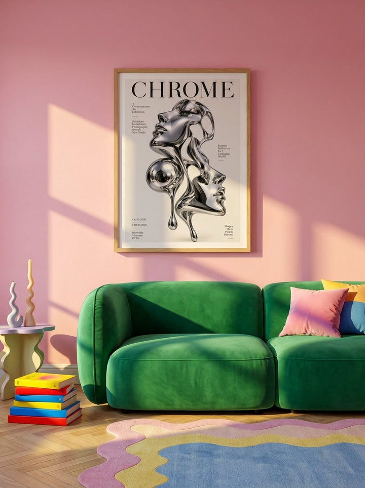 Modern wall art print styled on the wall in a colourful eclectic living room