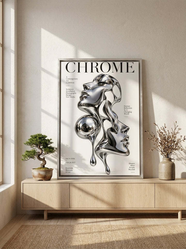 Canvas wall art with a silver leaf surround standing on a sideboard in a warm Japandi home office