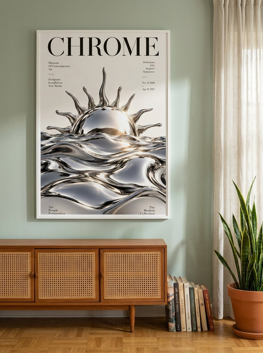 Oversized statement modern wall art print styled on the wall in a mid-century living room