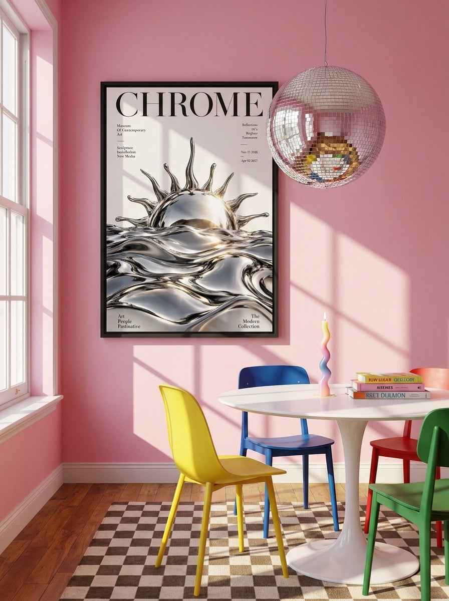 Canvas wall art with a black surround styled on the wall in a colourful eclectic dining room