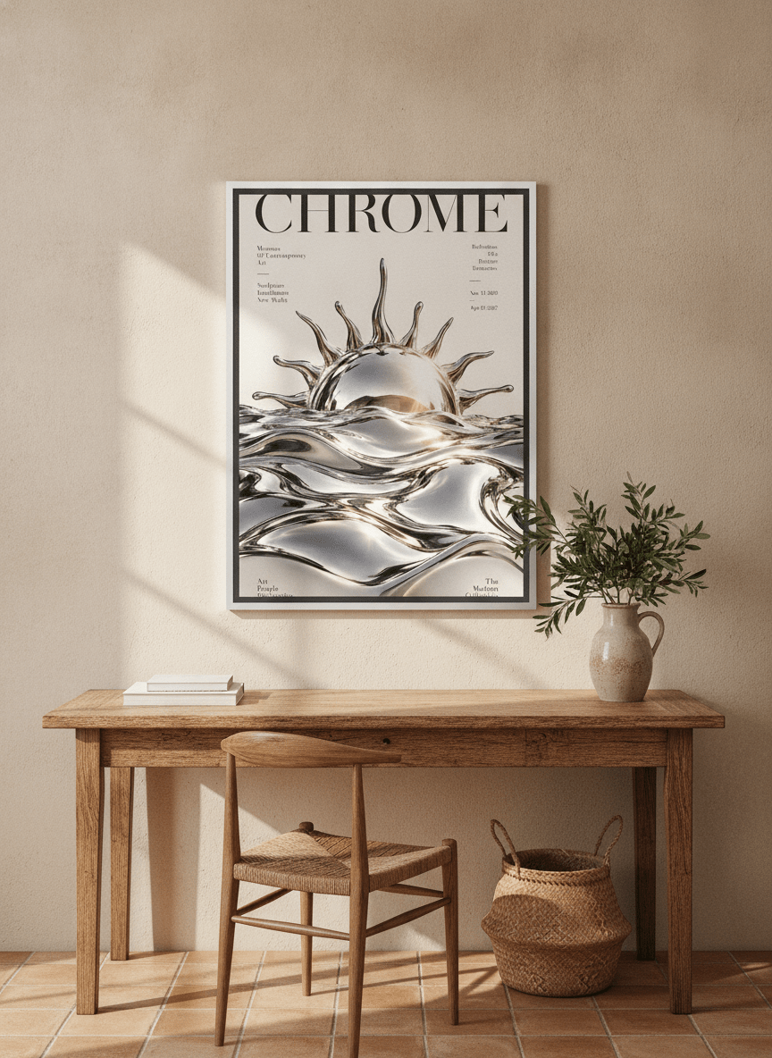 Canvas wall art with a silver leaf surround styled on the wall in a Mediterranean home office