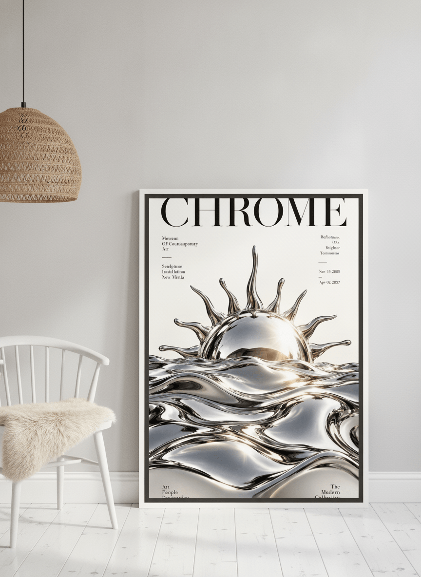 Canvas wall art with a white surround leaning against the wall in a bright Scandinavian bedroom