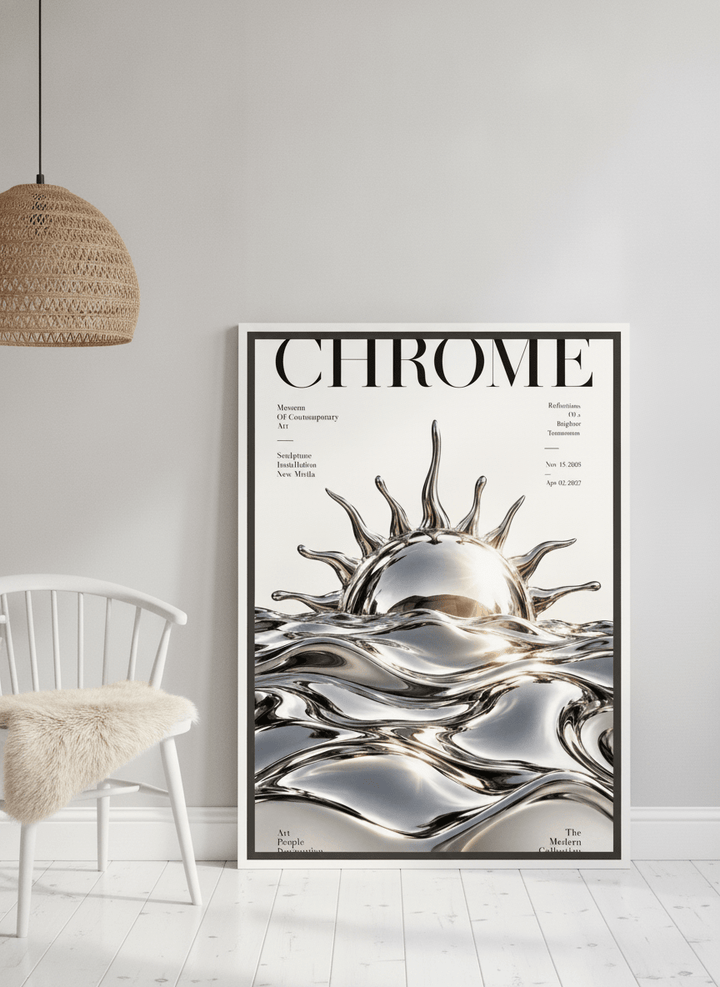 Canvas wall art with a white surround leaning against the wall in a bright Scandinavian bedroom