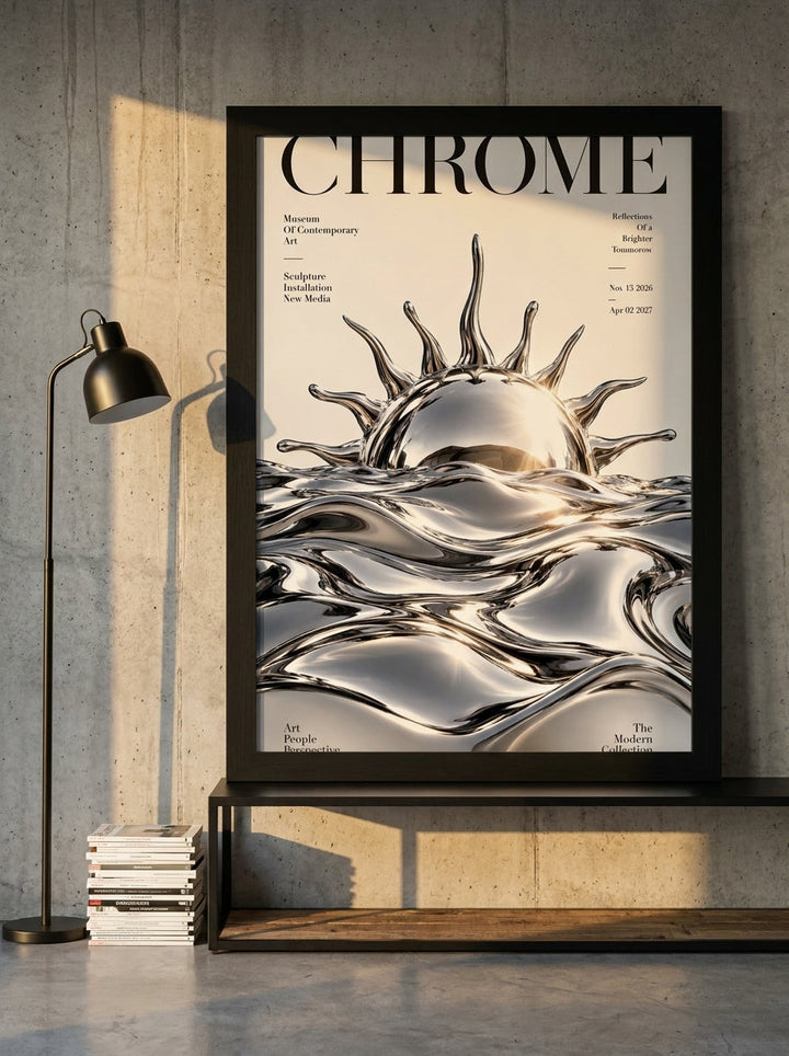 Modern wall art print standing on a console in an industrial loft bedroom