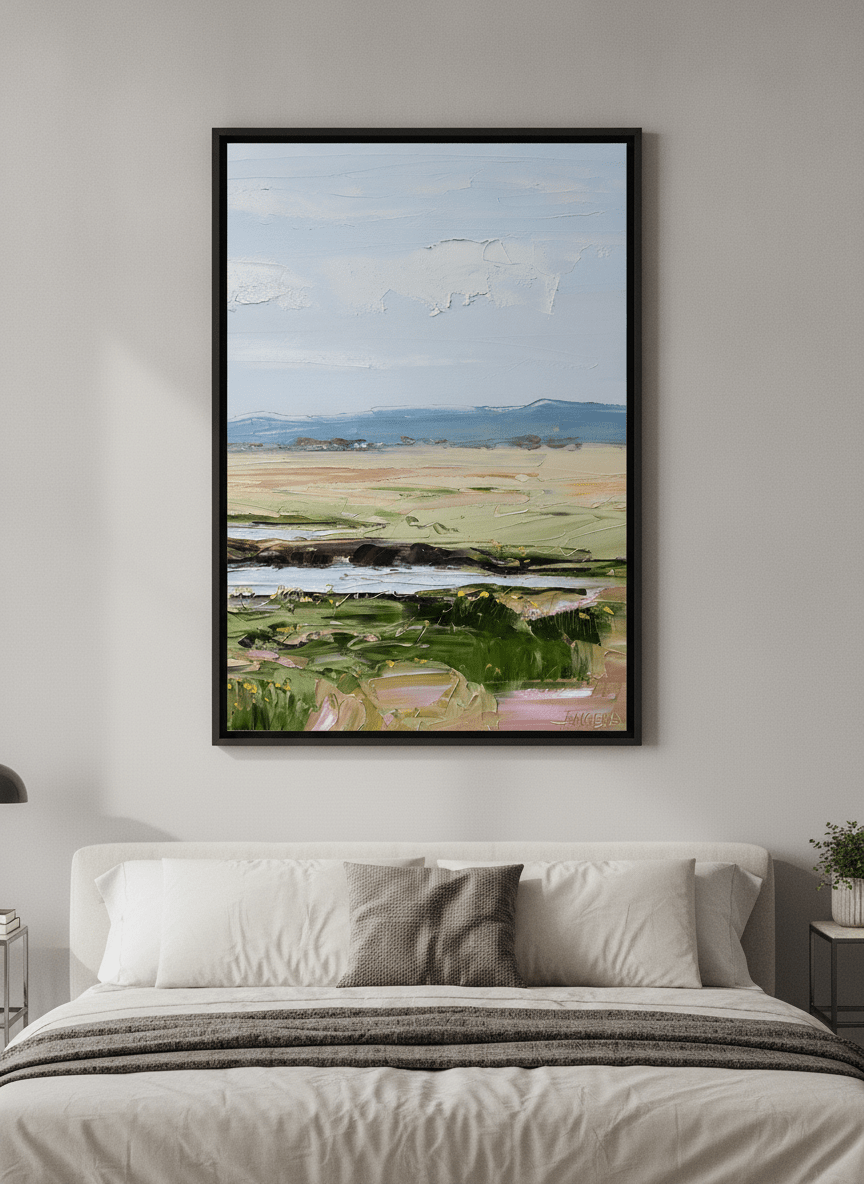 Minimalist artwork displayed in a calm, light-filled bedroom interior