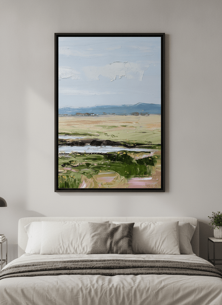 Minimalist artwork displayed in a calm, light-filled bedroom interior
