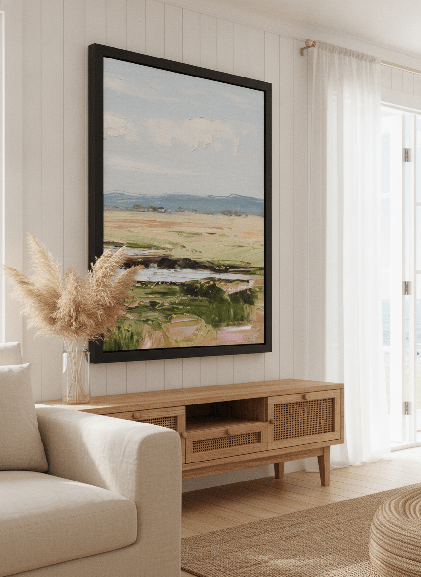 Neutral wall art displayed in a sunny coastal beach house