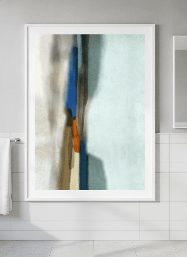 Modern print displayed in a clean minimalist bathroom setting