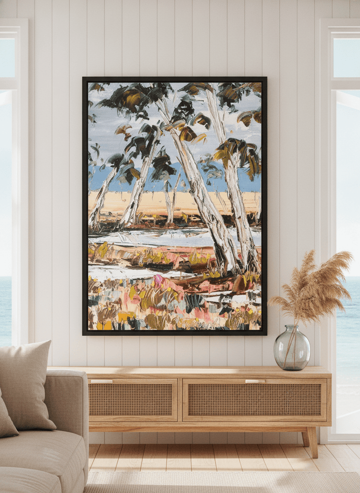 Neutral wall art displayed in a sunny coastal beach house