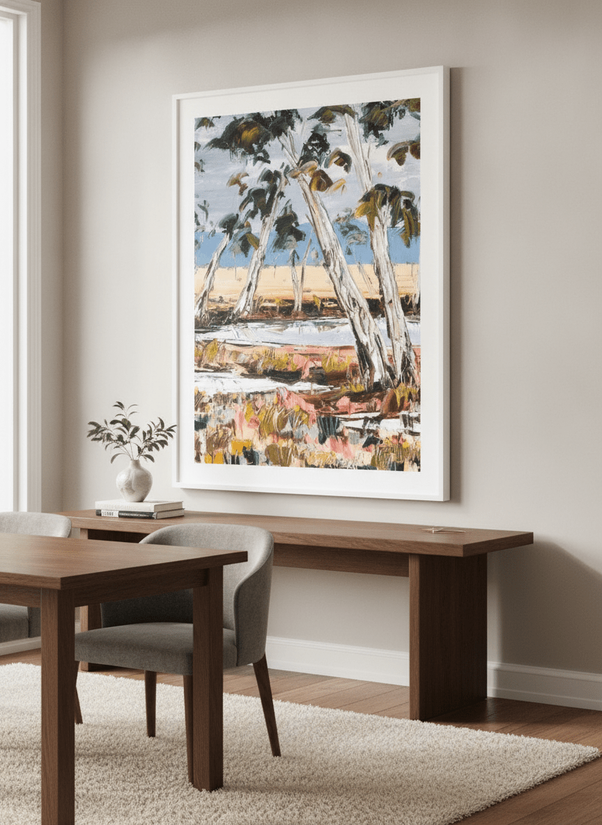 Monumental artwork centred on a feature wall in a luxe interior