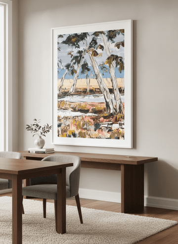 Monumental artwork centred on a feature wall in a luxe interior