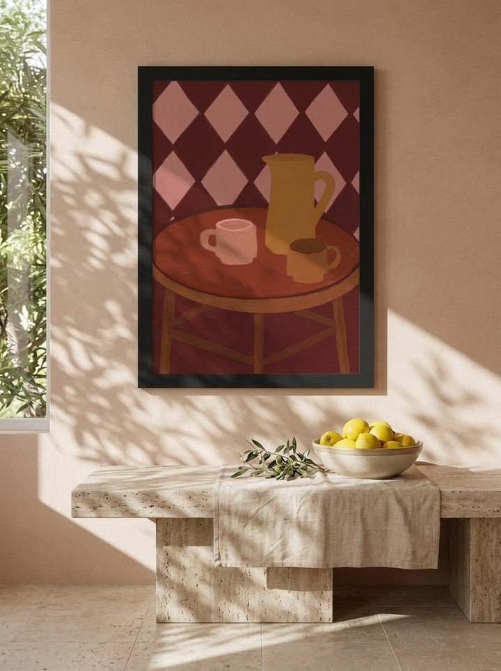 Modern wall art print styled on the wall in a Mediterranean kitchen
