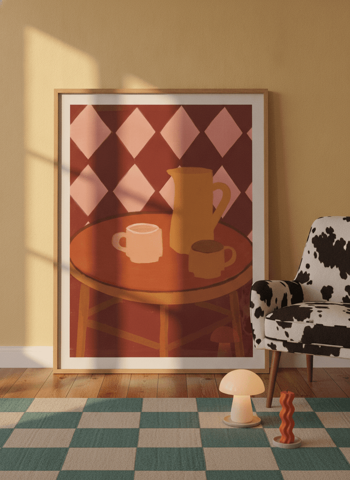 Oversized statement modern wall art print leaning against the wall in a colourful eclectic dining room