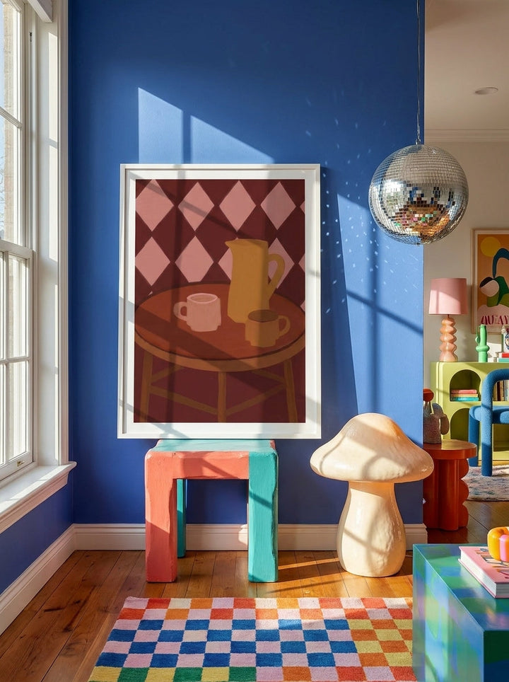 Modern wall art print standing on a side table in a colourful eclectic living room