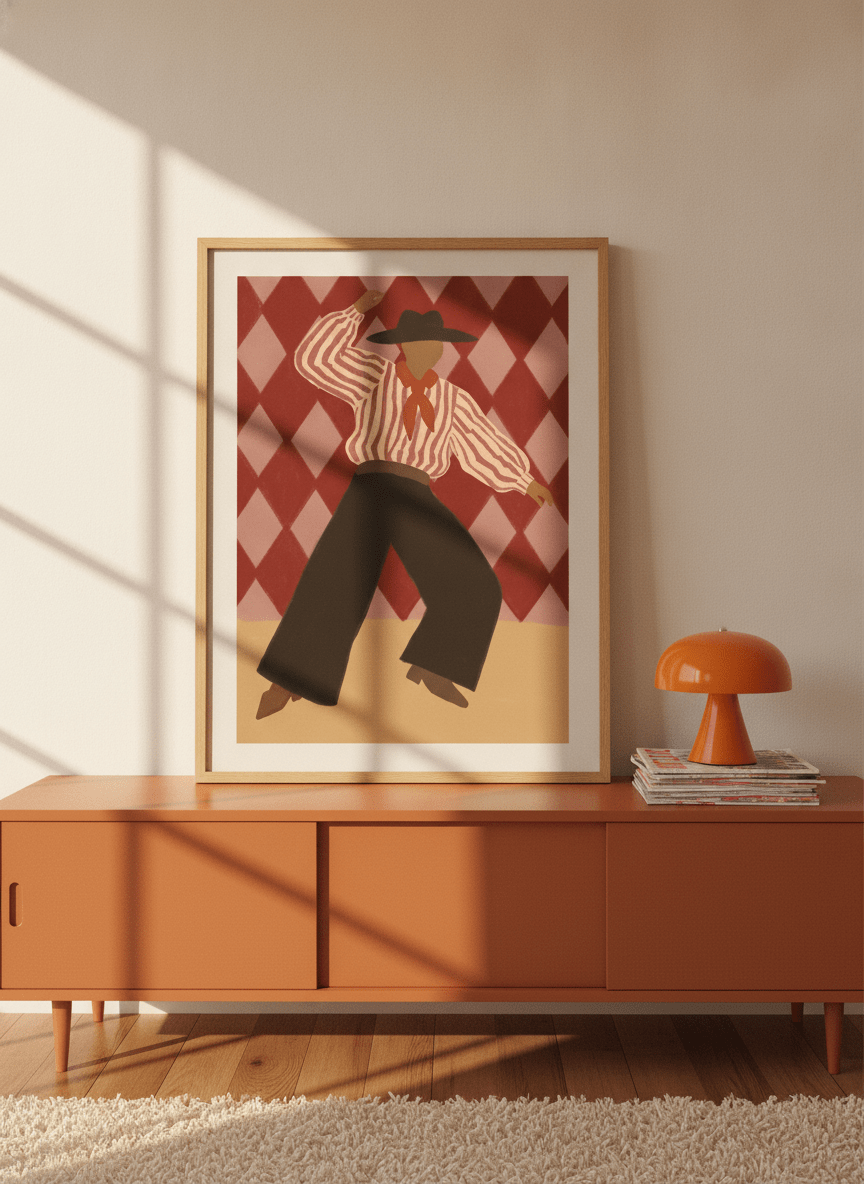 Modern wall art print standing on a sideboard in a retro 70s bedroom