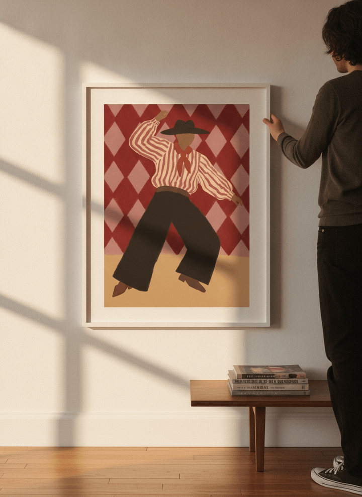 Person holding modern wall art print in a mid-century living room