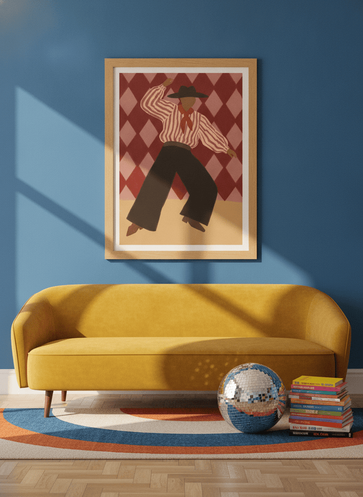 Modern wall art print styled on the wall in a colourful eclectic living room