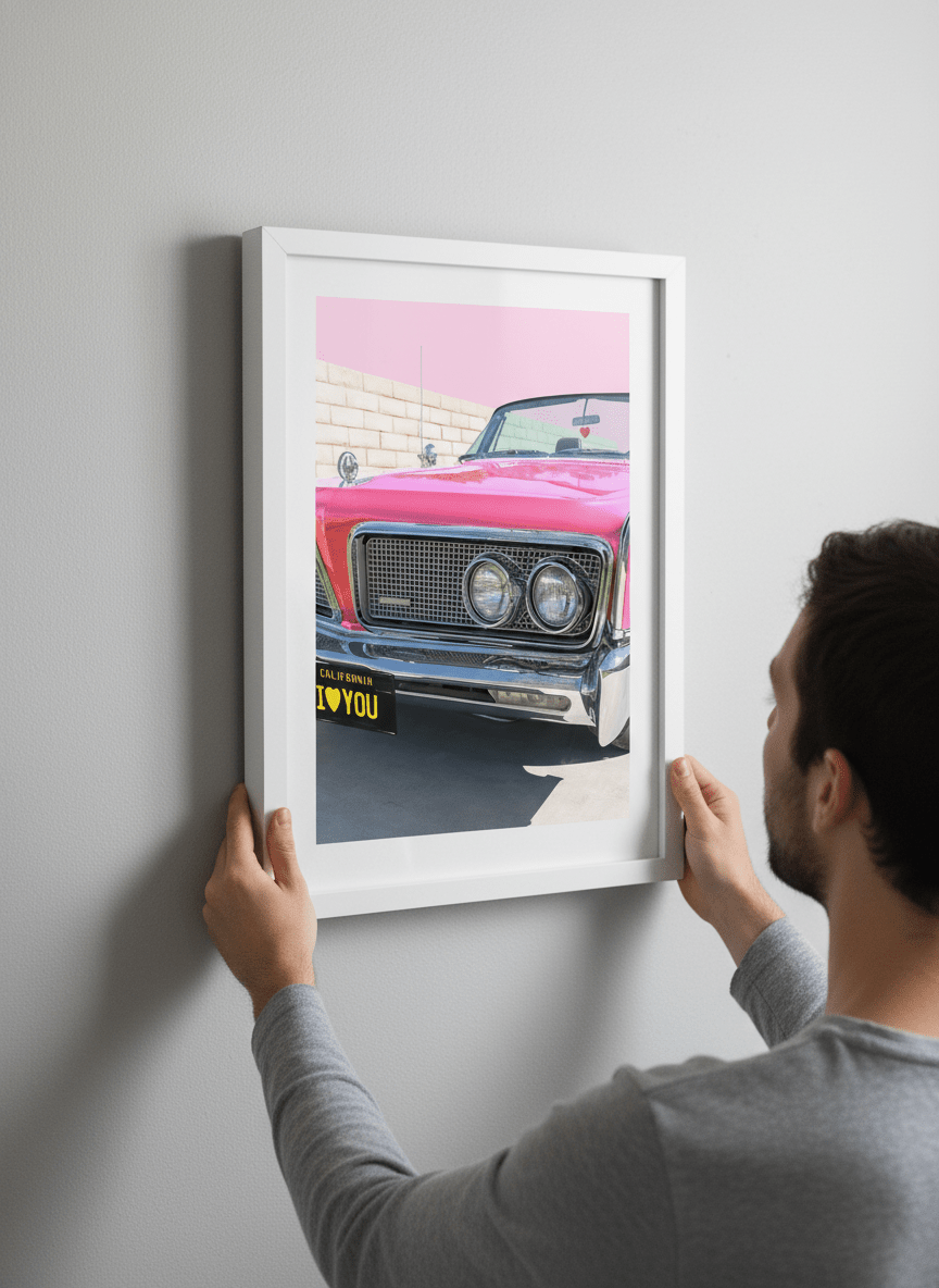 Person showcasing the artwork against a clean modern interior wall
