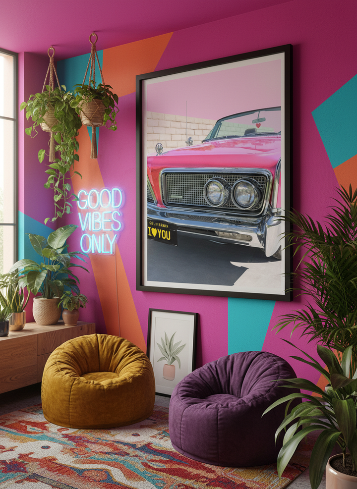 Bold wall art styled in a colourful, eclectic modern home