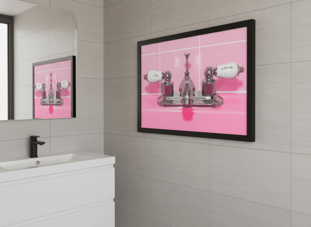 Modern print displayed in a clean minimalist bathroom setting