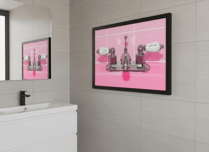 Modern print displayed in a clean minimalist bathroom setting