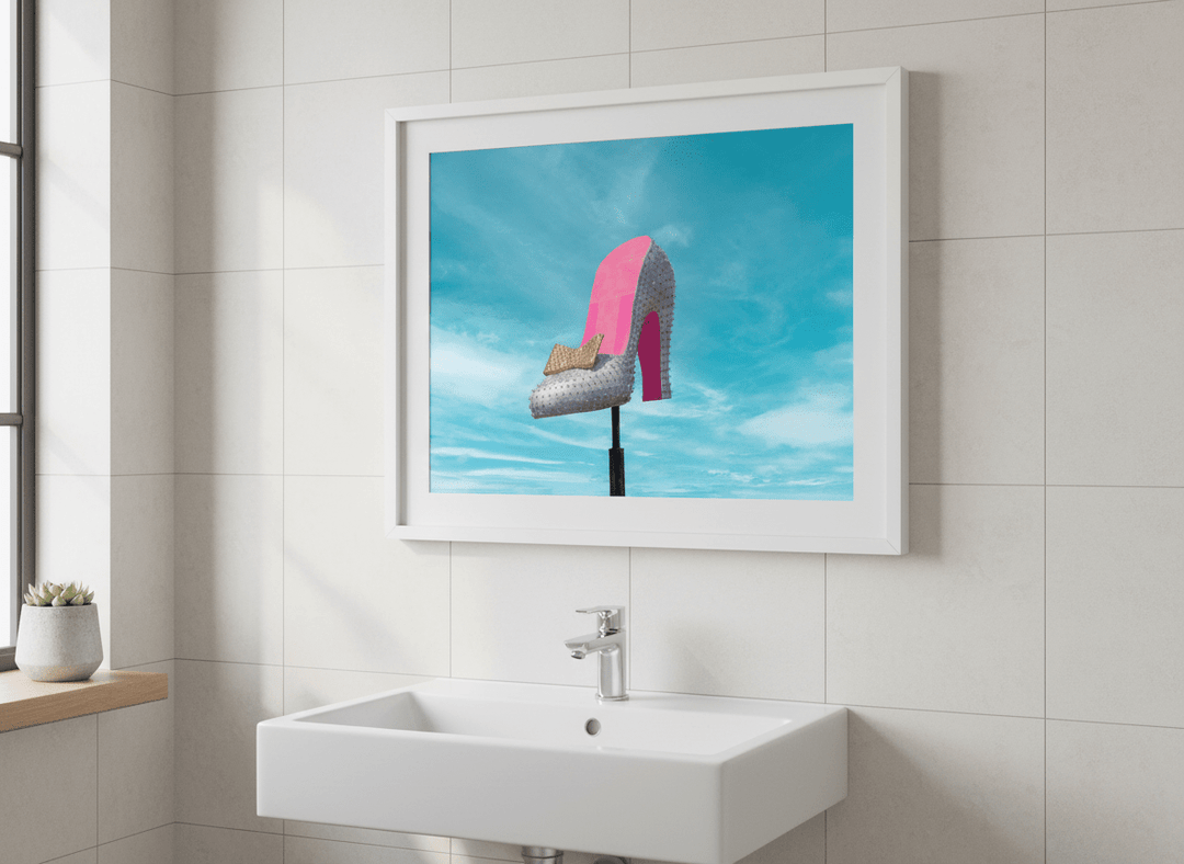 Modern print displayed in a clean minimalist bathroom setting