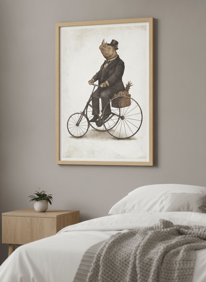Minimalist artwork displayed in a calm, light-filled bedroom interior