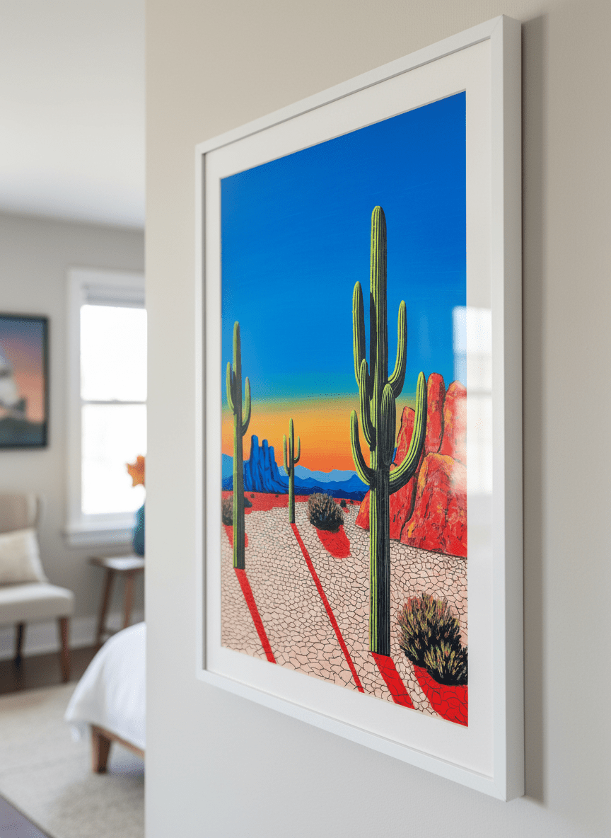 Minimalist artwork displayed in a calm, light-filled bedroom interior