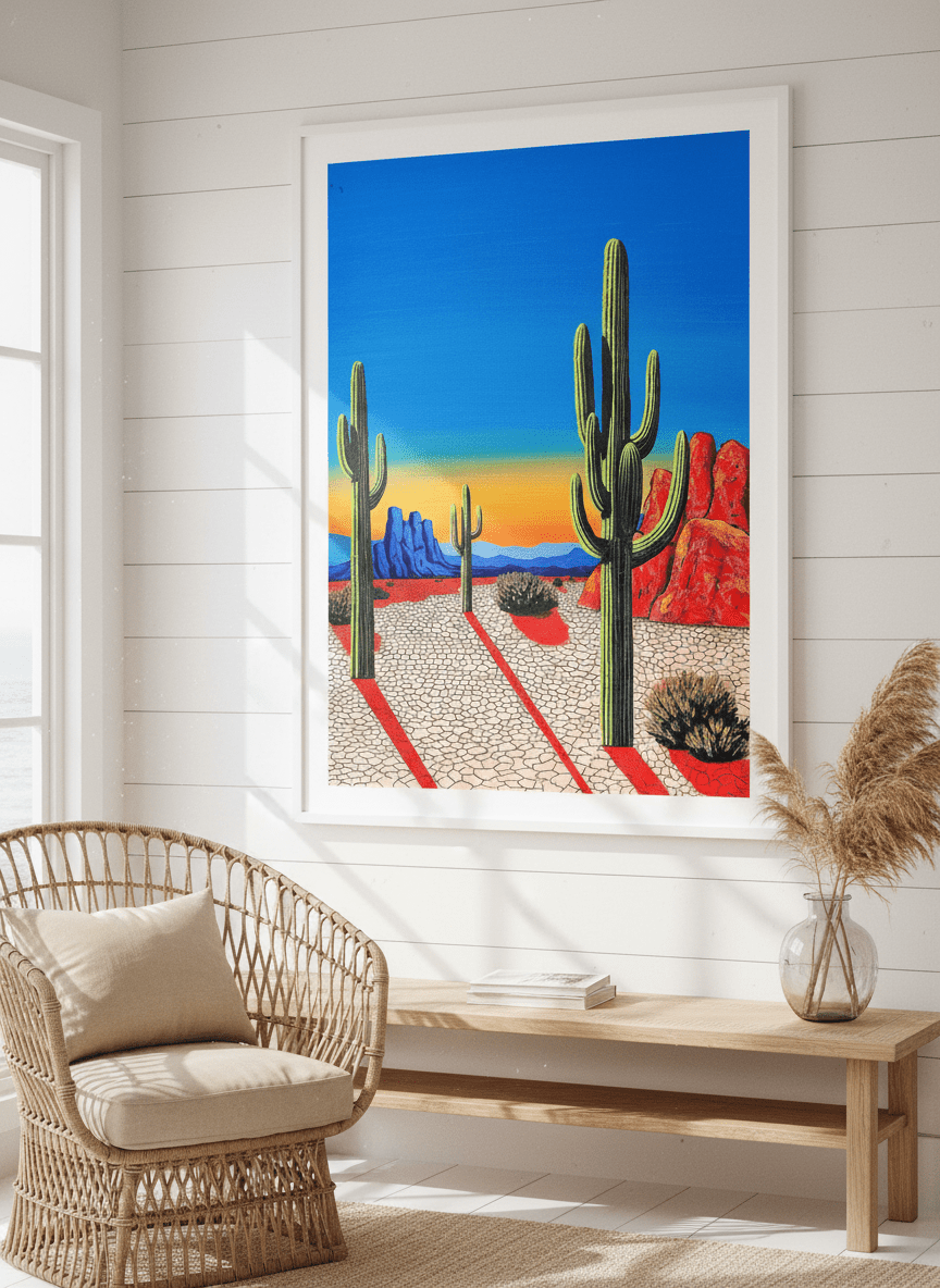Neutral wall art displayed in a sunny coastal beach house