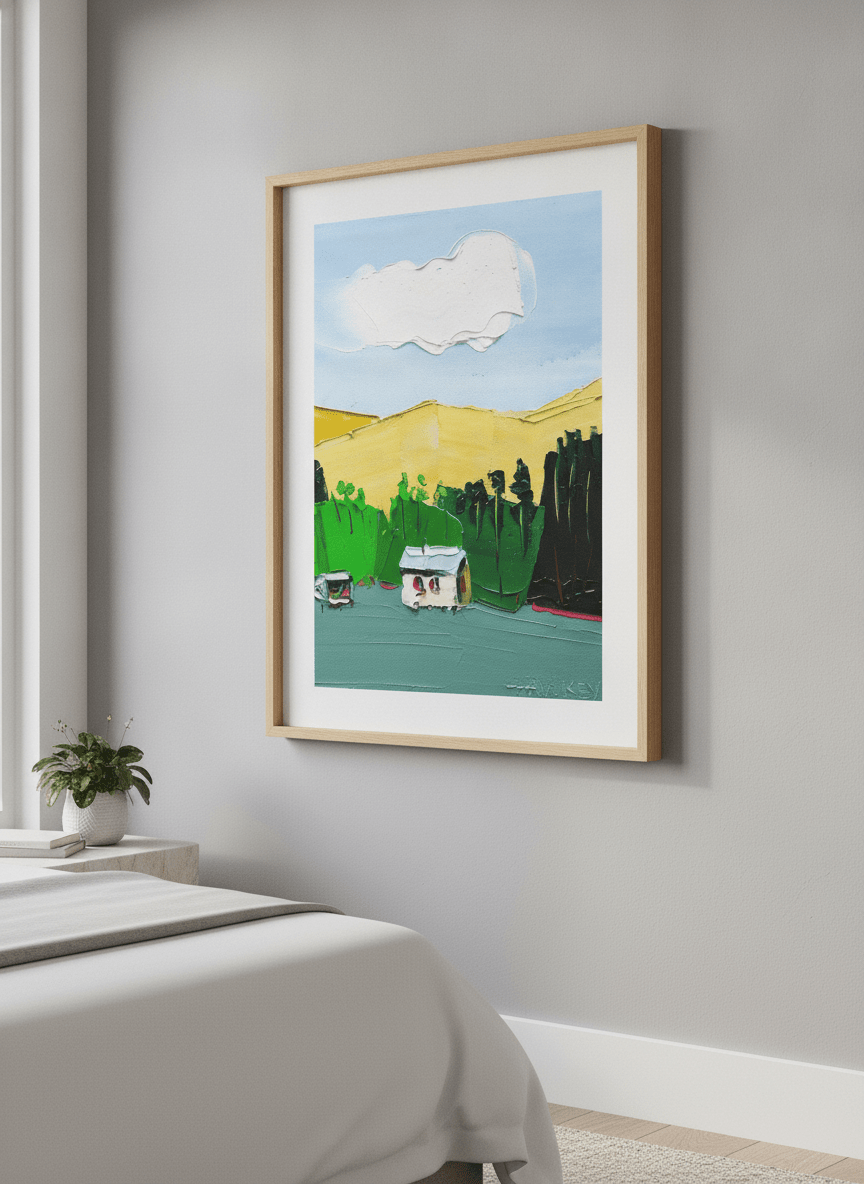 Minimalist artwork displayed in a calm, light-filled bedroom interior