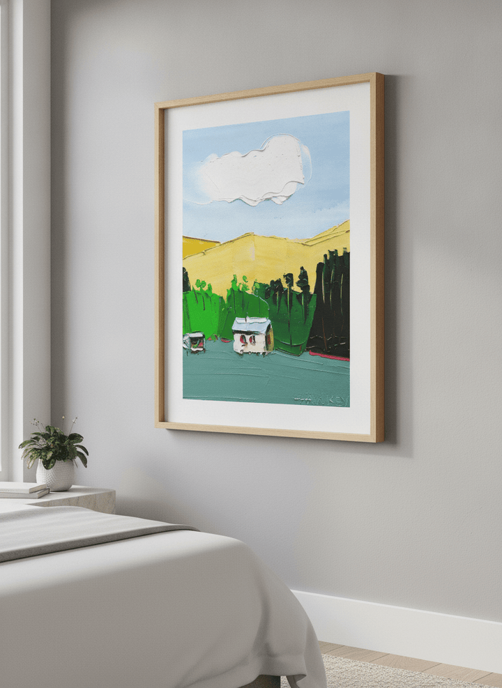 Minimalist artwork displayed in a calm, light-filled bedroom interior