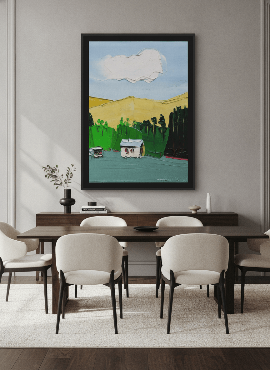 Monumental artwork centred on a feature wall in a luxe interior