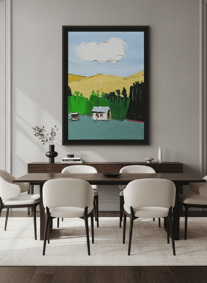 Monumental artwork centred on a feature wall in a luxe interior