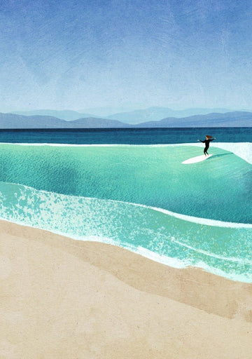 Person surfing on a clear blue wave in a pool with mountains in the background. framed