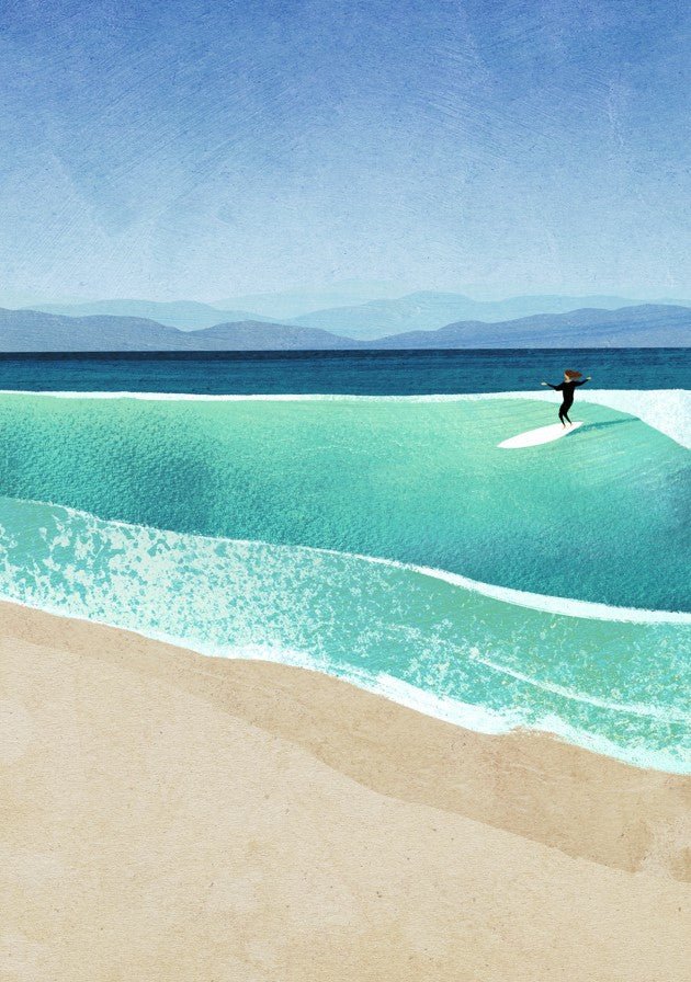 Person surfing on a clear blue wave in a pool with mountains in the background. framed