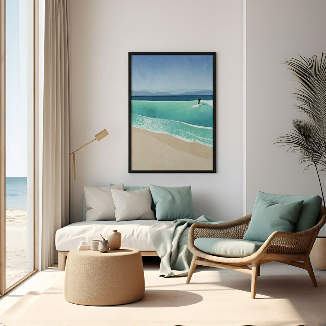 Modern living room with beach-themed decor, including a picture of a beach scene.